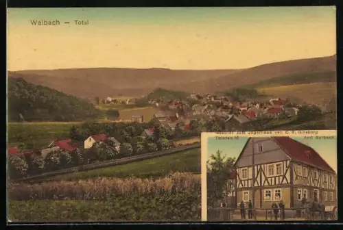 AK Walbach, Gasthof zum Jägerhaus von C. R. Ginsberg, Totalansicht des Ortes mit Eisenbahnlinie
