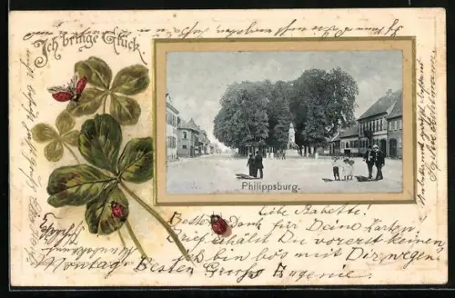 Passepartout-Lithographie Philippsburg /Baden, Ortspartie mit Denkmal, Klee & Marienkäfer