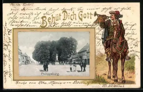 Passepartout-Lithographie Philippsburg /Baden, Strassenpartie Denkmal, Behüt Dich Gott, Trompeter