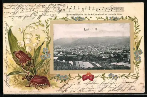 Passepartout-Lithographie Lahr i. B., Ortsansicht aus der Vogelschau, Maikäfer