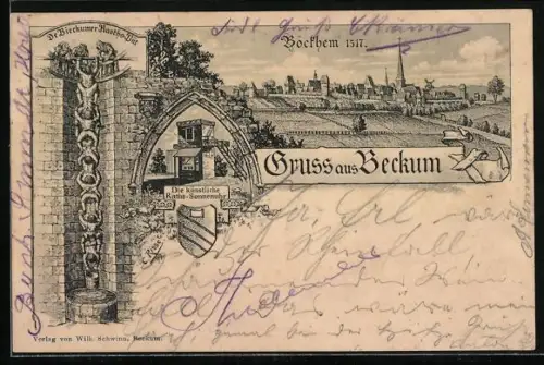 Lithographie Beckum / Westf., Ortsansicht im Jahre 1517, Künstliche Rats-Sonnenuhr