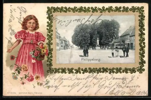 Passepartout-Lithographie Philippsburg /Baden, Ortspartie mit Denkmal, Mädchen mit Blumenkorb