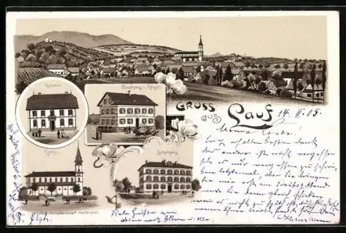 Lithographie Lauf / Baden, Rathaus, Schule, Gasthof Zum Rössl, Kirche, Totalansicht