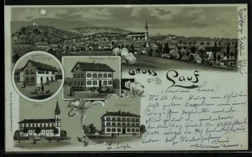 Mondschein-Lithographie Lauf / Baden, Gasthaus zum Rössel, Schulhaus, Kirche, Geschäft von Fridolin Dinger