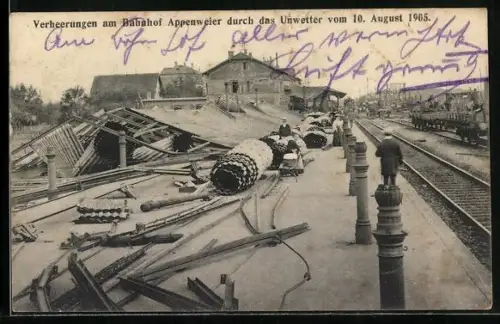 AK Appenweier, Verheerungen am Bahnhof durch das Unwetter vom 10. August 1905