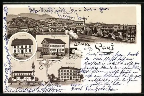 Lithographie Lauf / Baden, Rathaus, Schule, Gasthof Zum Rössl, Kirche, Totalansicht