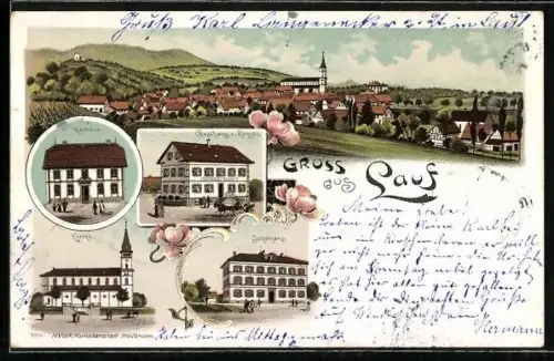 Lithographie Lauf / Baden, Rathaus, Schule, Gasthof Zum Rössl, Kirche, Totalansicht