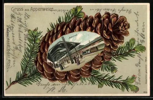 Passepartout-Lithographie Appenweier, Bahnhof im Tannenzapfen