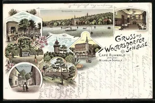 Lithographie Woltersdorf / Mark, Gasthaus Woltersdorfer Schleuse v. Wilhelm Schulz, Garten, Woltersdorfer Schleuse, Saal