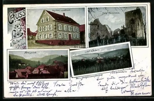 AK Lauf b. Achern, Gasthaus zum Rössel und Burg Neuwindeck