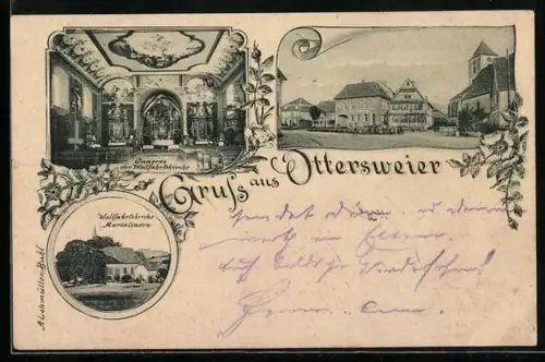 AK Ottersweier, Ortspartie und Wallfahrtskirche Marialinden mit Innenansicht