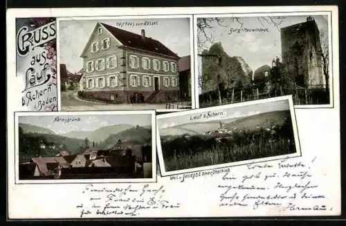 AK Lauf b. Achern, Gasthaus zum Rössel, Hornisgründe, Burg Neuwindeck