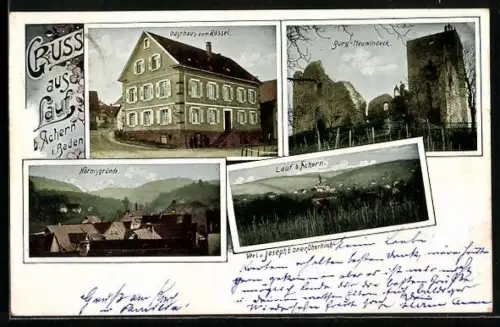 AK Lauf b. Achern, Gasthaus zum Rössel, Ortsansicht, Burg Neuwindeck