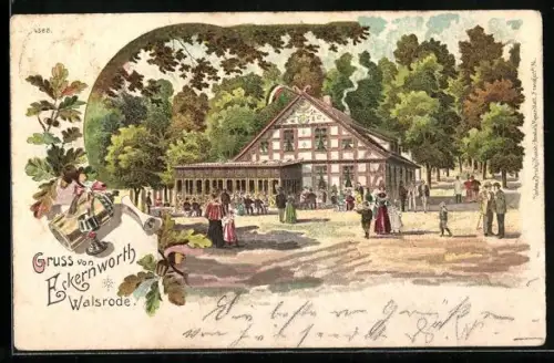 Lithographie Walsrode, Gasthof Eckernworth mit Besuchern
