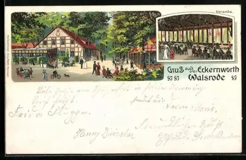 Lithographie Walsrode, Gasthof Eckernworth mit Veranda