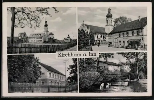 AK Kirchham a. Inn, Kaufhaus Milcher, Kirche und Uferpartie