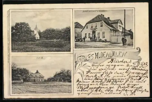 AK Hudemühlen, Bundes Gasthaus von G. Bässmann, Gut mit Wiese, Kirche