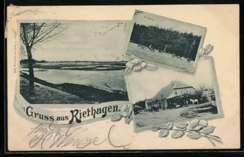 Lithographie Riethagen, Wildpark, überschwemmte Wiesen, Hausansicht