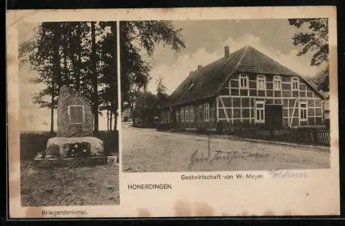 AK Honerdingen, Gasthof von W. Meyer, Kriegerdenkmal