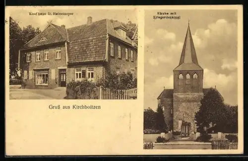 AK Kirchboitzen, Kaufhaus D. Heinemeyer, Kirche mit Kriegerdenkmal