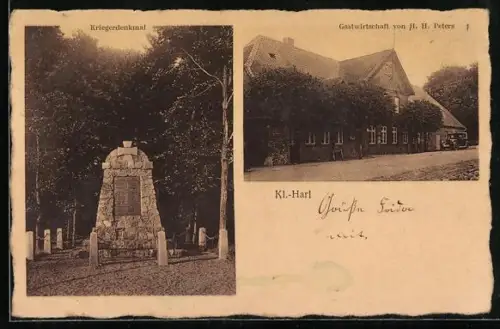 AK Kl.-Harl, Gastwirtschaft von H.H. Peters, Kriegerdenkmal
