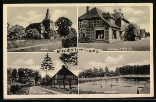 AK Kirchboitzen, Kirche, Kaufhaus, Badeanstalt