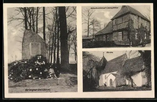 AK Meinerdingen, Kriegerdenkmal, Schankwirtschaft v. Georg Müller, Kirche
