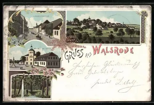 Lithographie Walsrode, Langestrasse, Kirche und alte Schule, Totalansicht