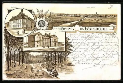 Lithographie Walsrode, Bahnhof, Waldpartie, Rathaus