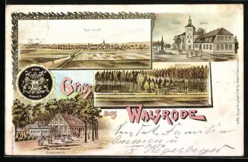 Lithographie Walsrode, Gasthof Eckernworth, Kirche, Schule, Wappen