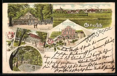 Lithographie Walsrode, Bahnhofs-Hotel, Gasthaus Eckernworth, Müller's Hotel zum Kronprinzen