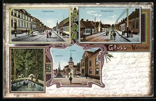 Lithographie Walsrode, Bohlenbach, Kirche, Denkmal, Bergstrasse, Langestrasse