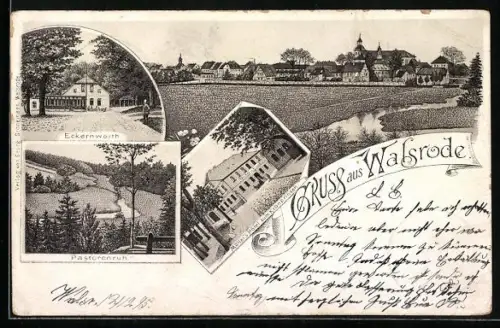 Vorläufer-Lithographie Walsrode, 1895, Müller`s Hotel zum Kronprinzen, Eckernworth, Pastorenruh