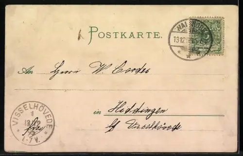 Vorläufer-Lithographie Walsrode, 1895, Müller`s Hotel zum Kronprinzen, Eckernworth, Pastorenruh