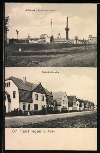 AK Gross Häuslingen a. Aller, Bahnhofstrasse mit Gebäudezeile, Kaliwerk Aller-Nordstern, Salzbergwerk