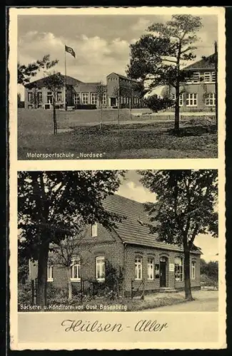 AK Hülsen /Aller, Bäckerei u. Konditorei von Gust. Bösenberg, Motorsportschule Nordsee, 