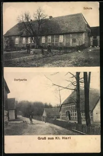 AK Kl. Harl, Schule, Dorfpartie mit Hunden
