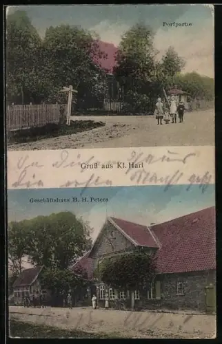AK Kleinharl, Geschäftshaus H. H. Peters, Dorfpartie
