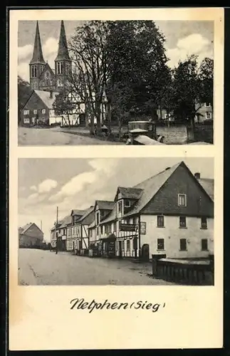 AK Netphen /Sieg, Gasthaus zum Stern, Blick zur Kirche