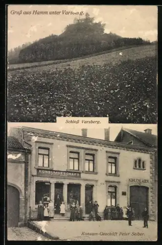AK Hamm unter Varsberg, Konsum-Geschäft Peter Seiber nebst Kohlenlager, Schloss Varsberg