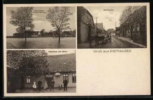 AK Riethagen, Partie bei Hochwasser, Dorfstrasse & Gasthaus zur Meise