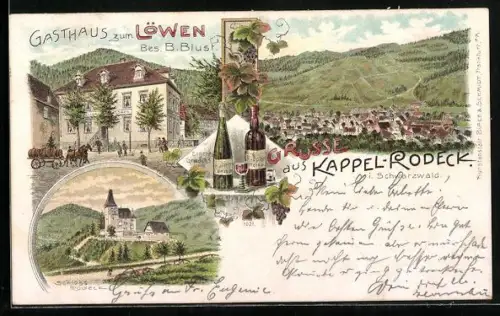 Lithographie Kappel-Rodeck i. Schwarzwald, Gasthaus zum Löwen, Bes. B. Blust, Schloss, Weinflaschen