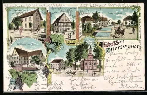 Lithographie Ottersweier, Gasthaus zur Krone, Gasthof zum Adler, Handlung Josef Feurer