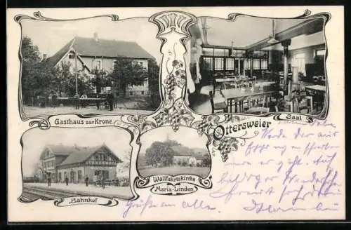 AK Ottersweier, Gasthaus zur Krone, Bahnhof, Wallfahrtskirche Maria-Linden