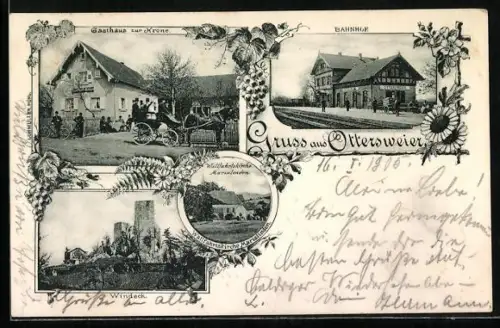AK Ottersweier, Gasthaus zur Krone, Bahnhof, Windeck und Wallfahrtskirche Marialinden
