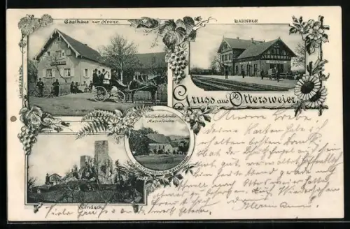 AK Ottersweier, Gasthaus zur Krone, Bahnhof, Windeck und Wallfahrtskirche Marialinden