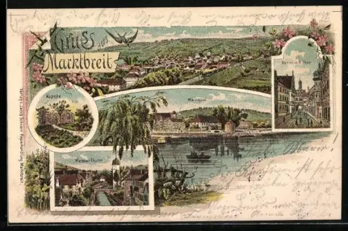 Lithographie Marktbreit, Rathaus & Thor, Kapelle, Weisser Thurm