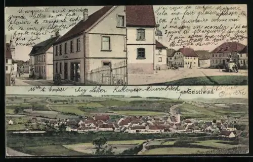 AK Geiselwind, Geschäft von G. A. Endres, Strassenpartie und Totalansicht