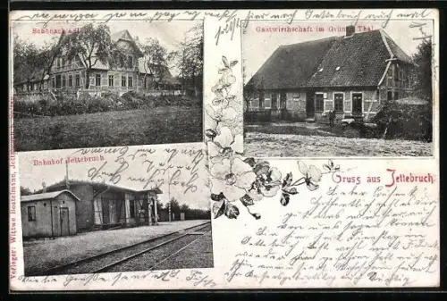 AK Jettebruch, Gasthaus im Grünen Thal, Bahnhof und Schönack`s Hof
