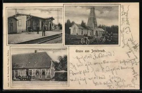 AK Jettebruch, Gasthaus im grünen Thal, Bahnhof und Erdöl-Bohrturm